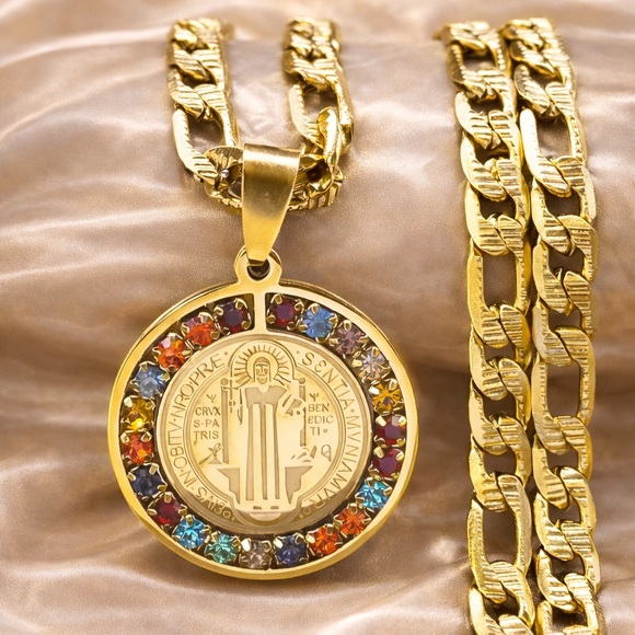 Saint Benedict Medallion Cuban Link Necklace - Picture 2 of 7